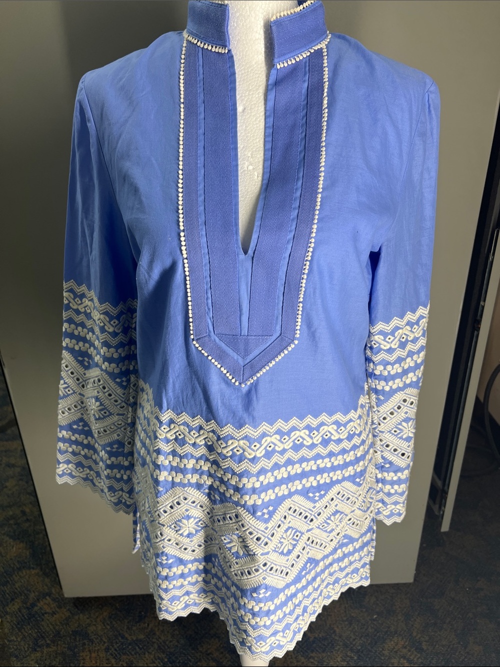 Tory Burch Lavender-Blue Tunic with White Embroidery